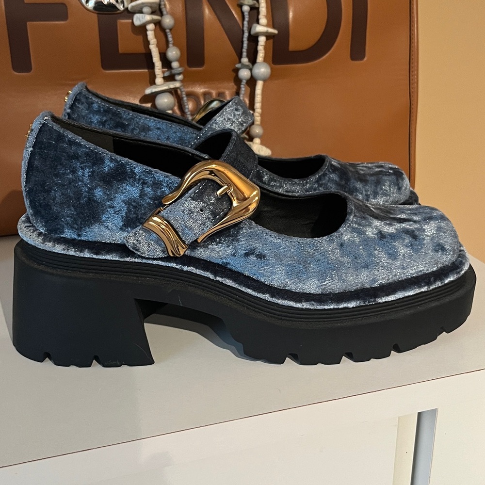 Circus NY by Sam Edelman Nellie Lug Sole Mary Jane Blue Velvet Shoes Size 7